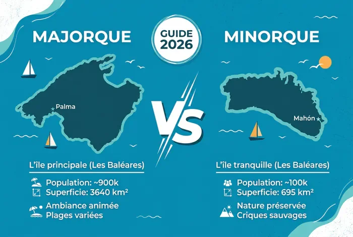 Différence entre Majorque et Minorque : Le guide 2026 - Majorque vs Minorque : Le comparatif ultime en 2026 - Quelle île choisir entre Majorque et Minorque en 2026 ? Infographie stylisée comparant Majorque et Minorque pour le guide de voyage 2026