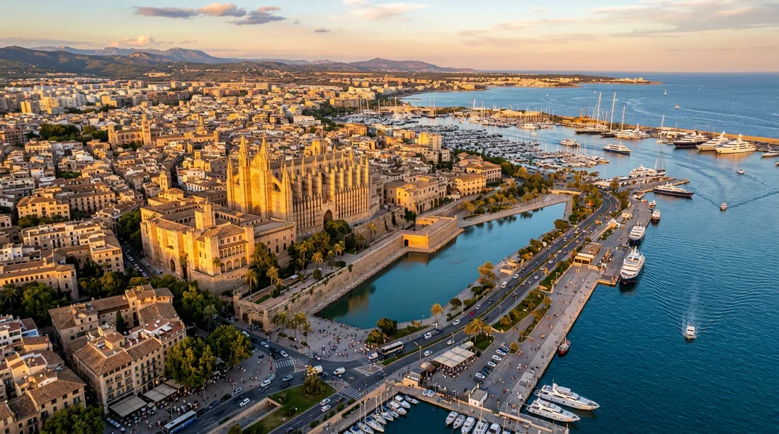 Vue panoramique de la cathédrale de Palma et du port de Majorque
