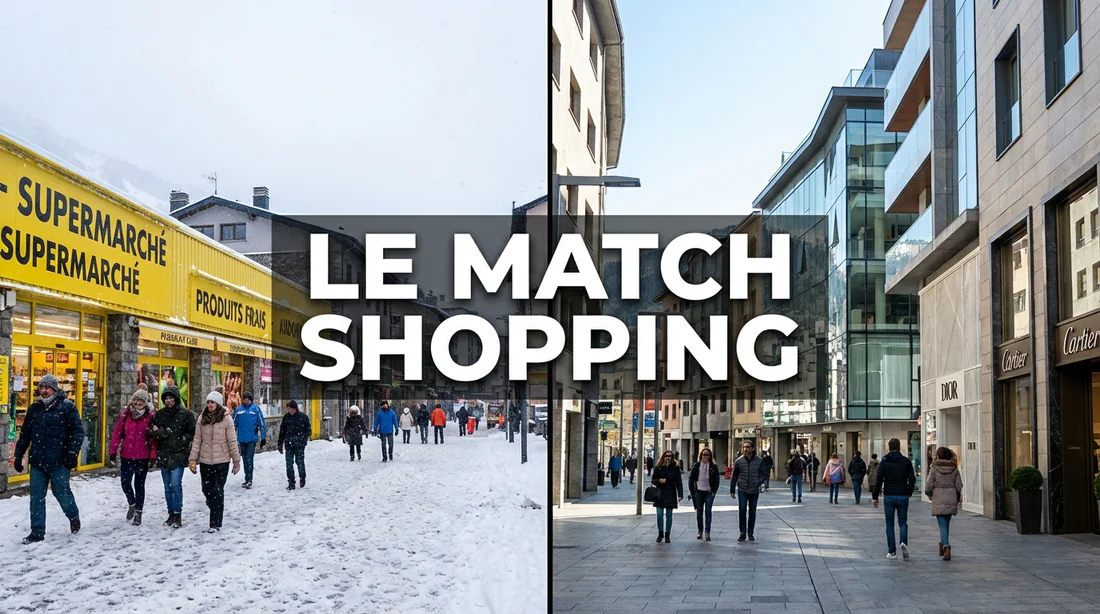 Le Match Shopping : Pas de la Case versus Andorre-la-Vieille Comparatif visuel entre le Pas de la Case enneigé et les rues commerçantes d'Andorre-la-Vieille.