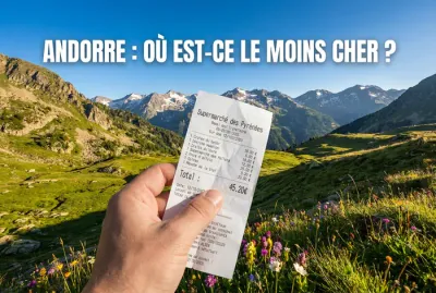 Main tenant un ticket de caisse devant les montagnes d'Andorre.