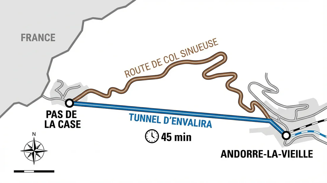 Carte de rentabilité : Tunnel d'Envalira vs Col de montagne Plan schématique montrant l'accès à Andorre-la-Vieille par le tunnel d'Envalira.