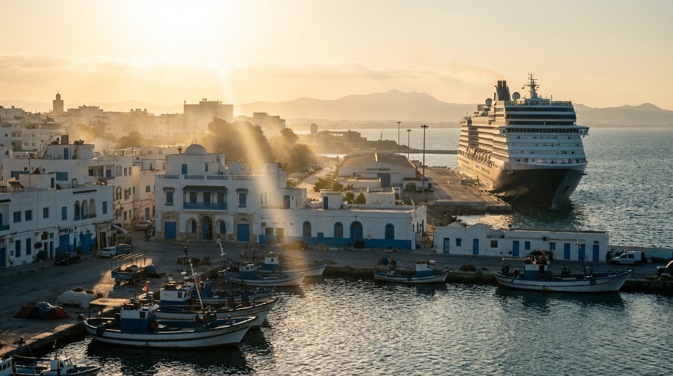 Panorama du port de La Goulette sous le soleil couchant au moment de l'escale.