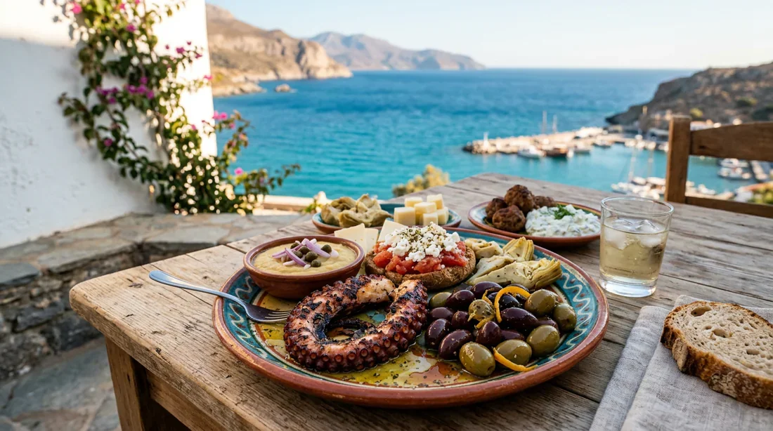 Spécialités culinaires crétoises Dégustation de spécialités crétoises sur une terrasse en bord de mer.