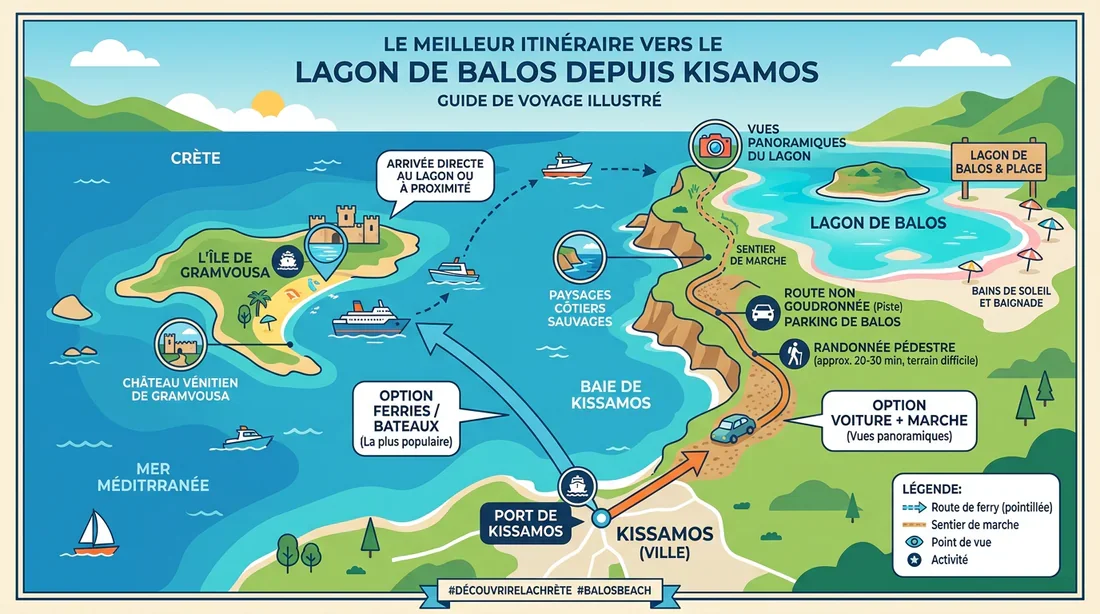 Carte accès lagon de Balos Infographie montrant l'itinéraire pour se rendre au lagon de Balos depuis Kissamos.
