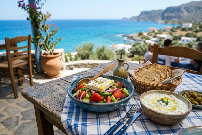 Est-ce que la Crète vaut le coup ? Notre verdict 2026 - Crète : Le guide ultime pour des vacances réussies - Partir en Crète en 2026 : faut-il vraiment y aller ? Table de taverne crétoise typique avec salade grecque et vue sur la mer.