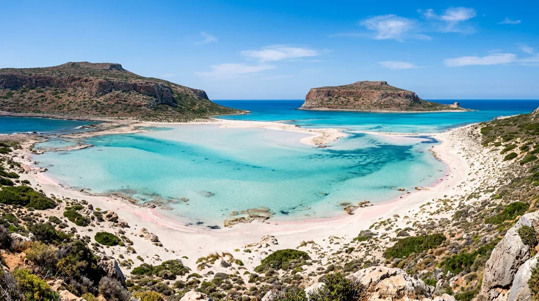 Lagon de Balos Crète Vue panoramique époustouflante du lagon de Balos en Crète avec ses eaux turquoises et son sable rosé.