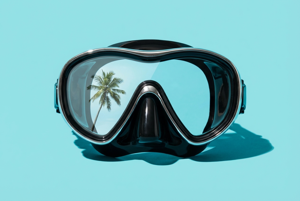 Icône minimaliste d'un masque de plongée sur fond bleu turquoise.