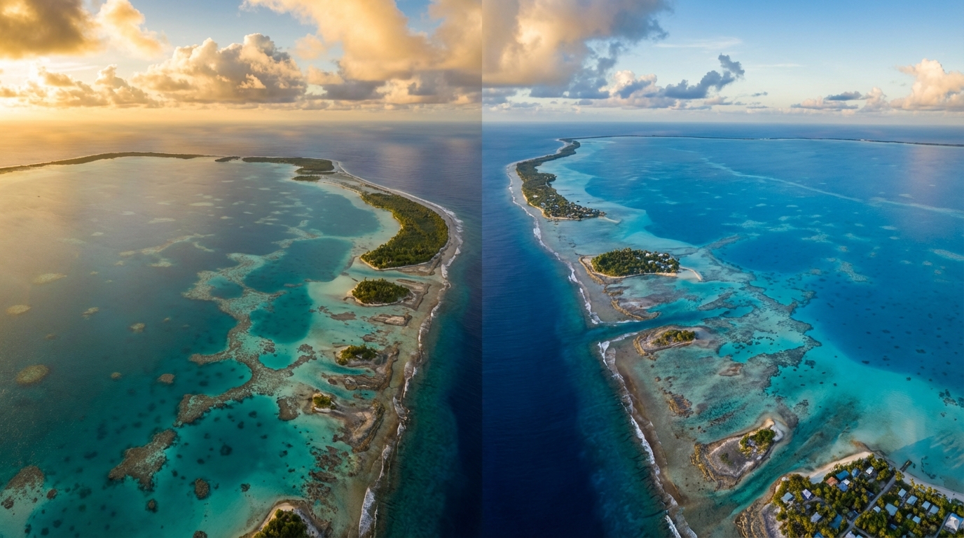 Vue aérienne spectaculaire des atolls de Fakarava et Rangiroa montrant la clarté de l'eau et les récifs.