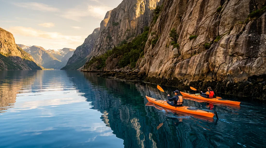 Session de kayak dans les fjords de Norvège Kayakers explorant les fjords norvégiens au niveau de l'eau