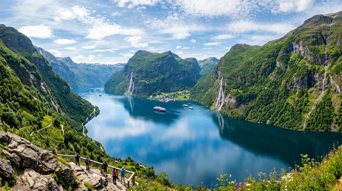 Panorama majestueux du Geirangerfjord en Norvège Vue panoramique du Geirangerfjord sous le soleil d'été en Norvège