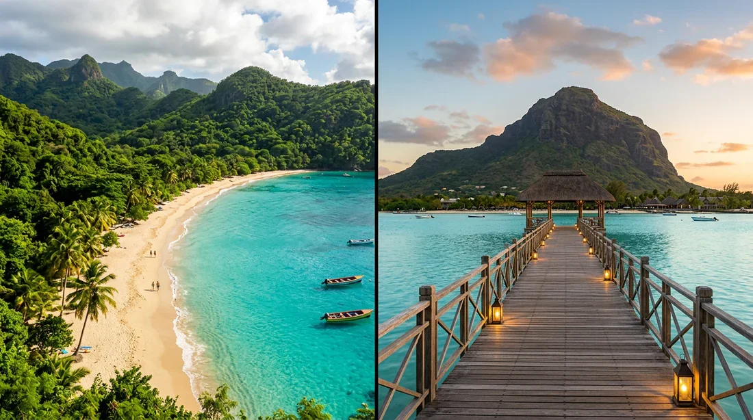 Comparaison entre la plage de Grande Anse en Guadeloupe et un hôtel de luxe sur lagon à l'Île Maurice