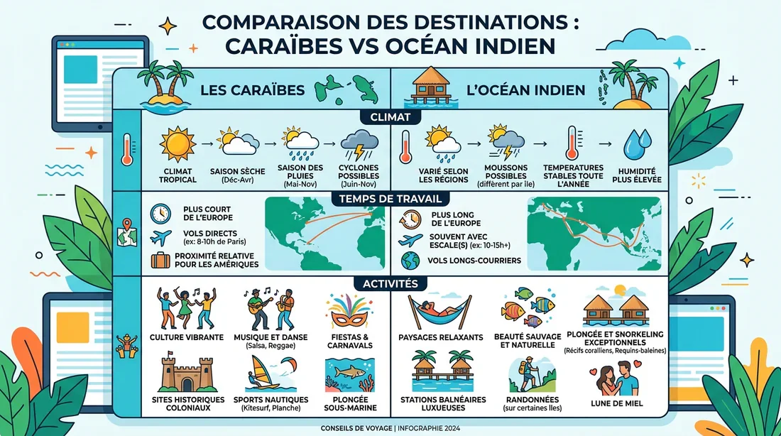 Infographie comparative des destinations de voyage entre les Caraïbes et l'Océan Indien