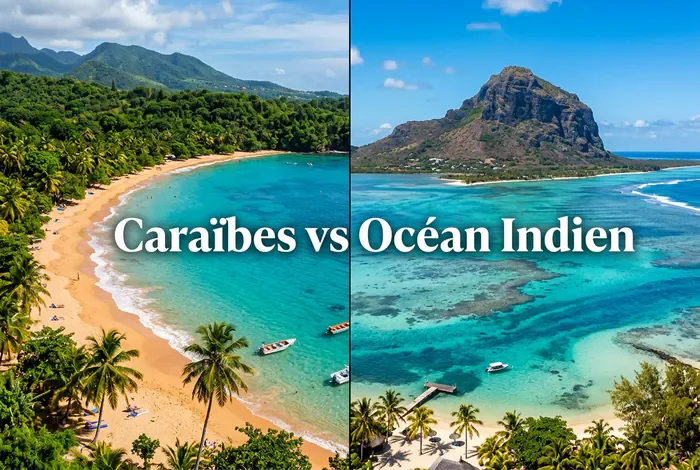 Guadeloupe ou île Maurice : Le guide comparatif 2026 - Guadeloupe ou île Maurice : Le match ultime en 5 points - Guadeloupe ou île Maurice : Quelle île choisir en 2026 ? Miniature comparatif voyage Caraïbes et Océan Indien