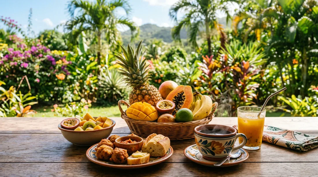 Petit déjeuner tropical face à la végétation luxuriante en Guadeloupe