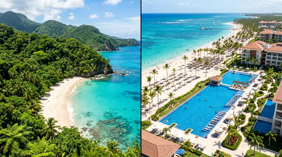 Comparaison Guadeloupe vs République Dominicaine Comparaison visuelle entre les plages sauvages de la Guadeloupe et les complexes hôteliers de luxe à Punta Cana