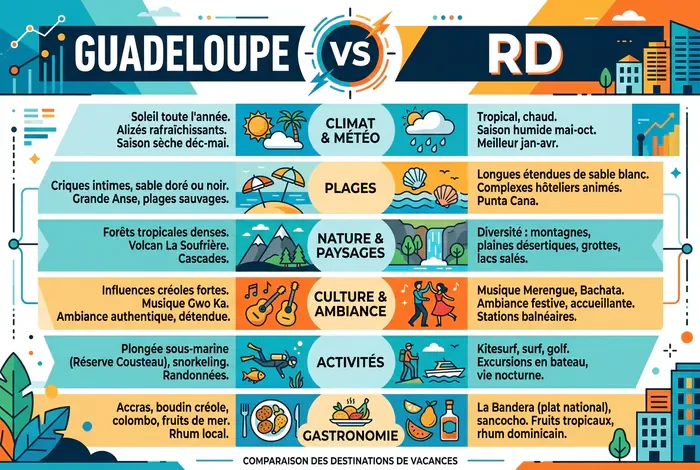 Guadeloupe ou République dominicaine : quel choix faire ? - Guadeloupe ou République dominicaine : le guide ultime 2026 - Guadeloupe ou République dominicaine : quelle île choisir ? Infographie simplifiée illustrant le match entre la Guadeloupe et la République Dominicaine