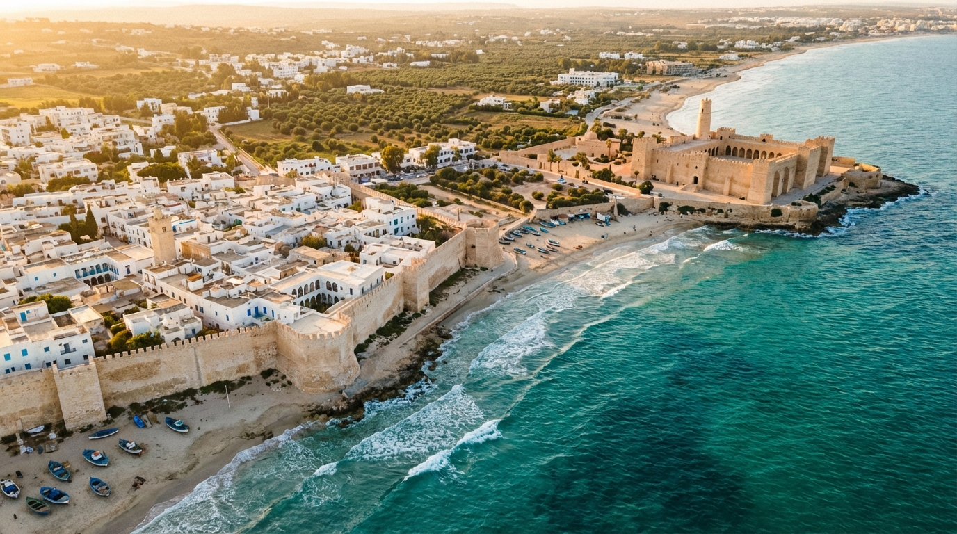 Atmosphère de Tunisie : Entre Hammamet et Monastir Vue aérienne panoramique comparant les paysages côtiers de Hammamet et Monastir au coucher du soleil.