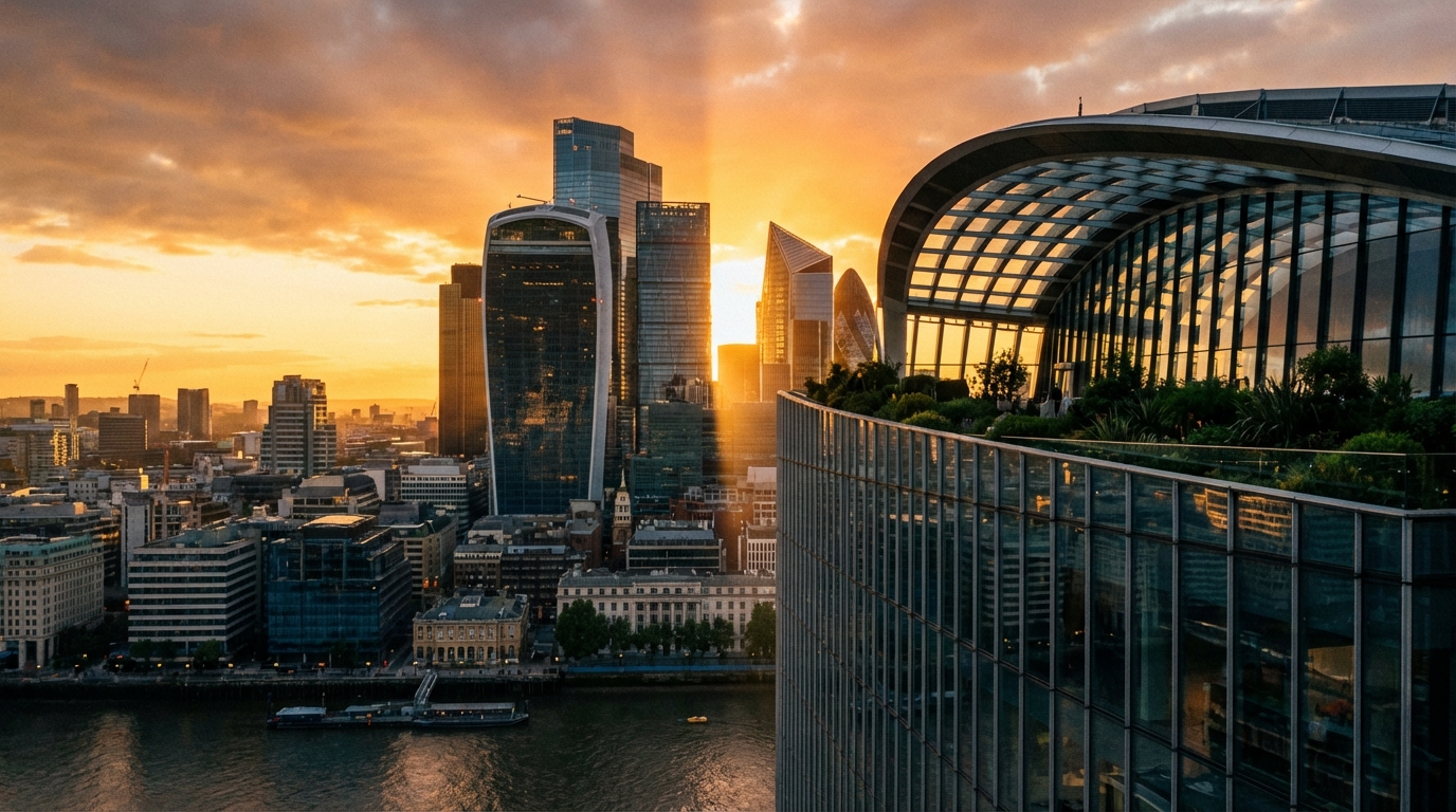 Panorama urbain de Londres : Horizon 22 vs Sky Garden Vue panoramique spectaculaire de Londres avec Horizon 22 et Sky Garden au coucher du soleil.