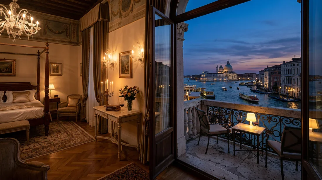 Chambre d'hôtel de charme avec vue panoramique sur un canal à Venise