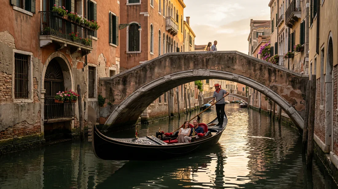 Gondole traversant un canal calme sous un pont en pierre à Venise