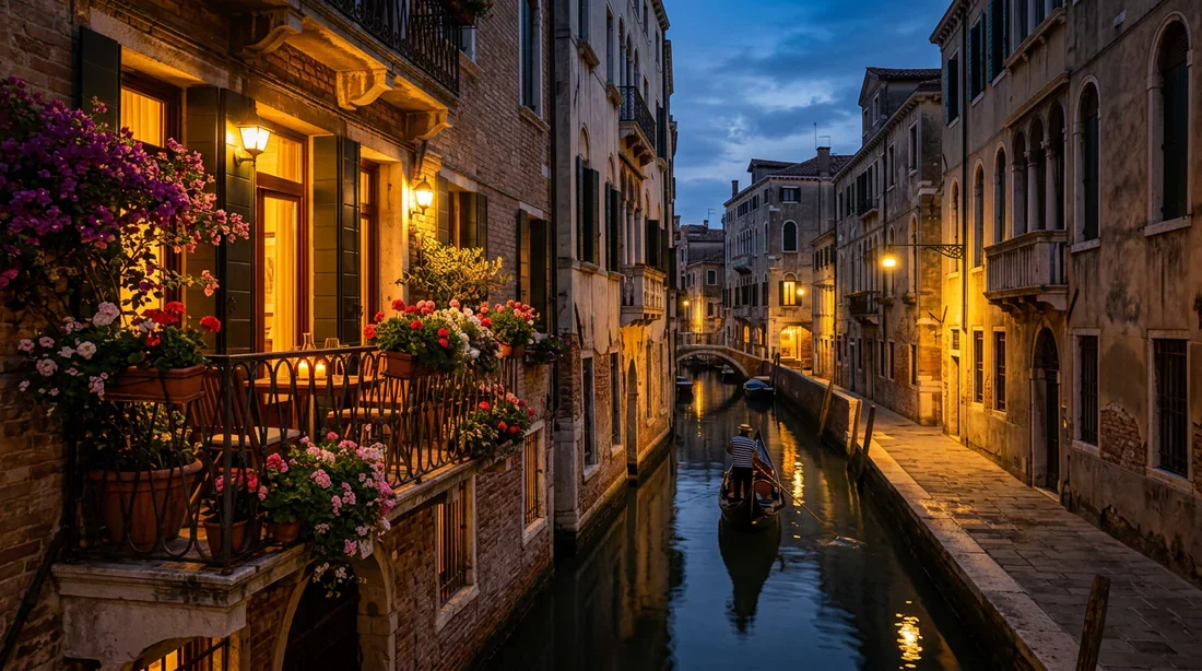 Vue romantique au crépuscule d'un canal calme à Venise avec balcon fleuri d'hôtel