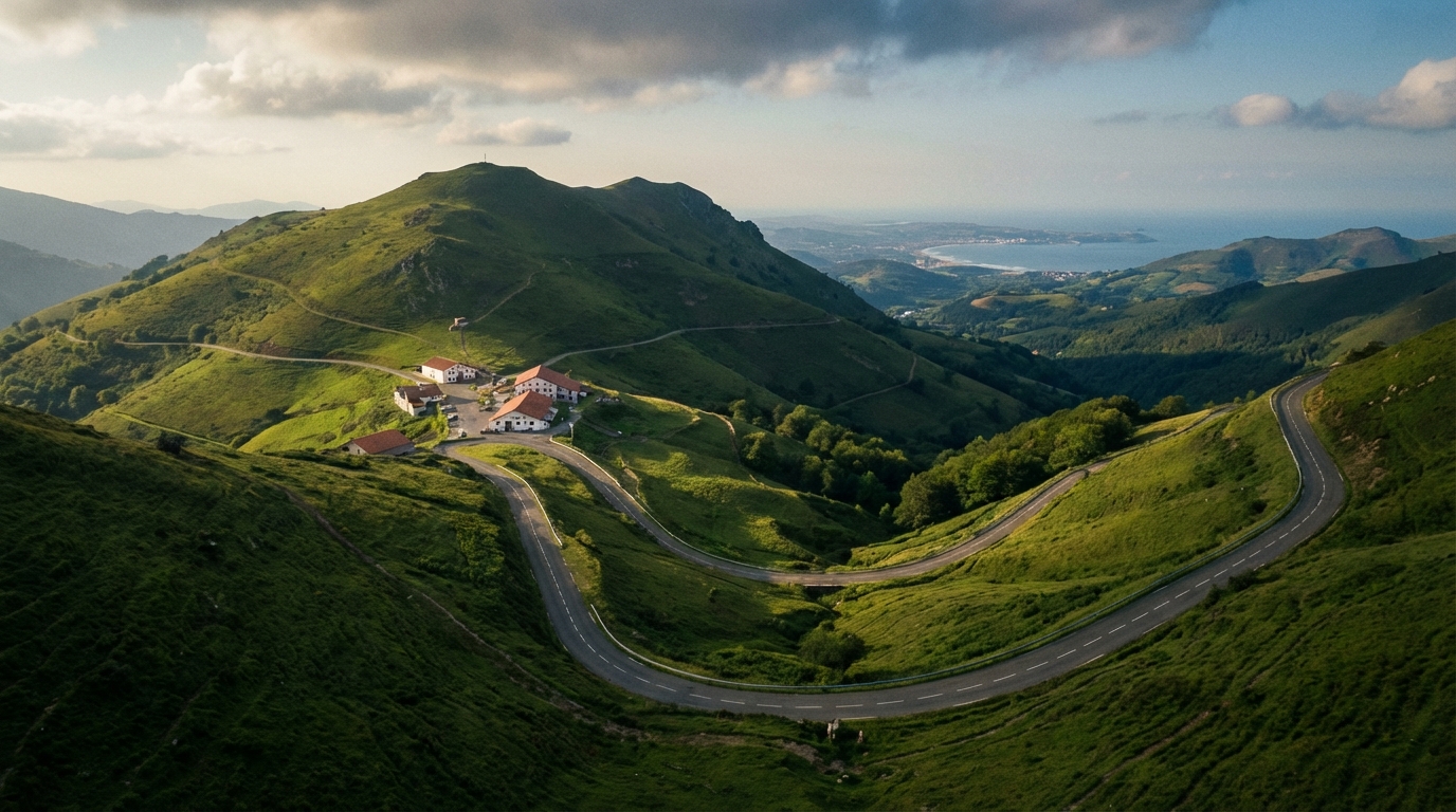 Atmosphère des cols frontaliers du Pays Basque Vue panoramique des cols de montagne entre la France et l'Espagne montrant les routes et les commerces frontaliers.