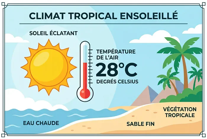 Île Maurice en décembre : Avis, météo et conseils - Voyage Maurice en décembre : Le guide ultime - Partir à l'île Maurice en décembre : Bonne idée ou piège ? Infographie montrant une température de 28 degrés sur une plage