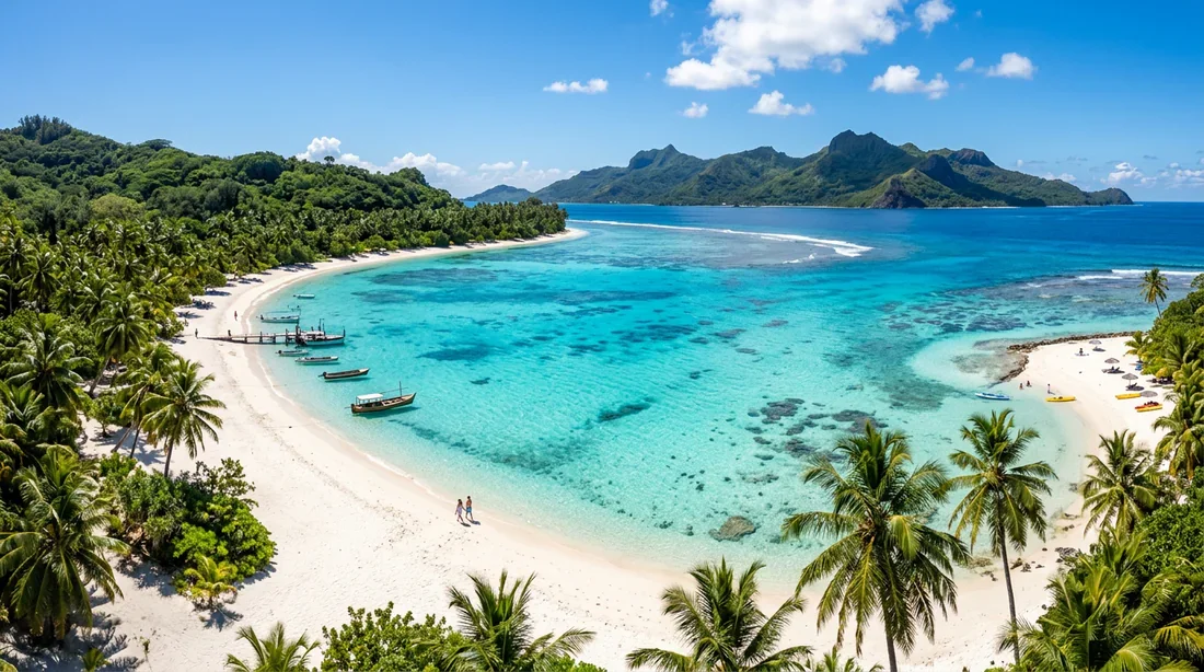 Paysage panoramique d'une plage de sable blanc et d'un lagon bleu turquoise sous un soleil radieux