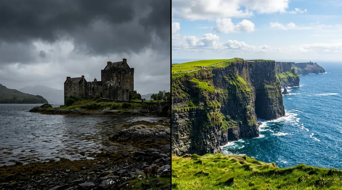 Paysages emblématiques : Écosse contre Irlande Comparaison visuelle entre un château en ruine en Écosse et les falaises verdoyantes de l'Irlande