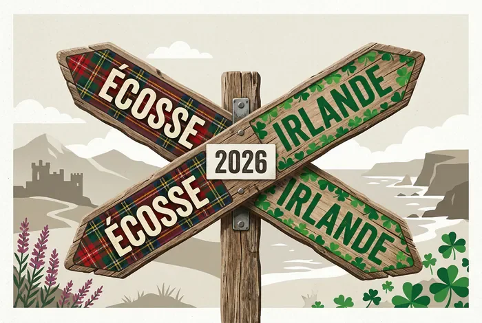 Irlande ou Écosse : le guide complet - Duel : Irlande ou Écosse, lequel choisir ? - Irlande ou Écosse : où partir en 2026 ? Infographie de voyage 2026 Écosse ou Irlande