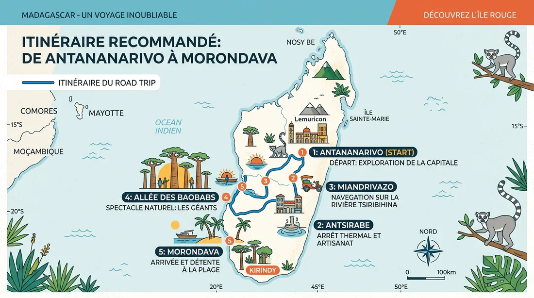 Carte itinéraire conseillé road trip Madagascar Infographie montrant la carte de l'itinéraire de road trip conseillé à Madagascar.
