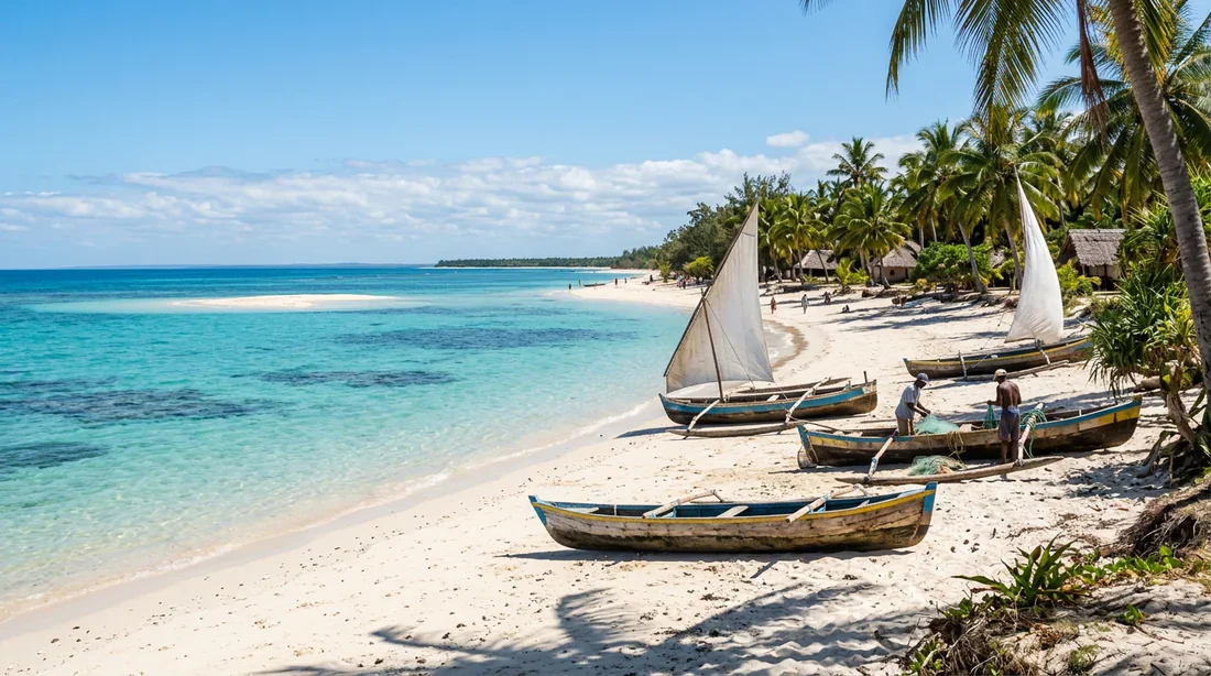 Plages de sable blanc et pirogues à Madagascar Plage de sable blanc et pirogues traditionnelles Vezo sur la côte sud de Madagascar.