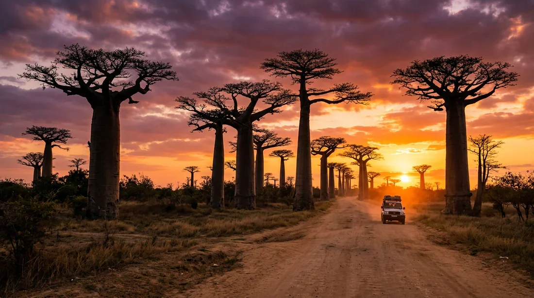 Allée des Baobabs Morondava Madagascar au coucher du soleil Vue panoramique de l'Allée des Baobabs au coucher du soleil à Morondava avec un véhicule 4x4 en voyage à Madagascar.