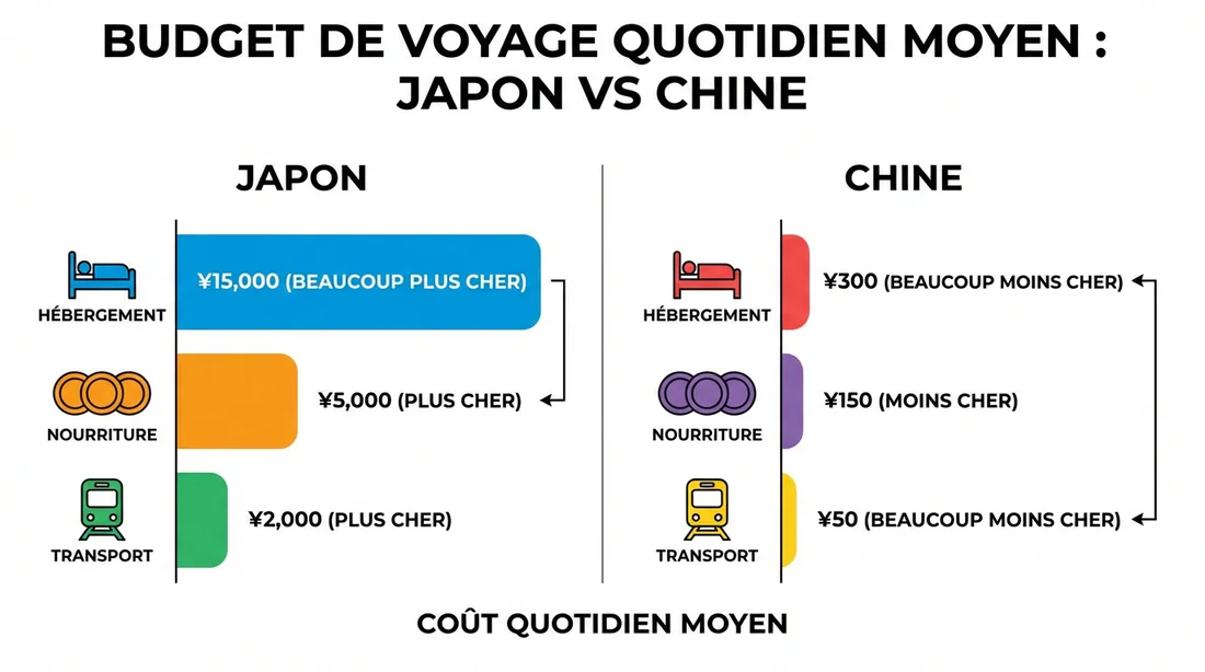 Infographie du budget moyen journalier comparant le Japon et la Chine.