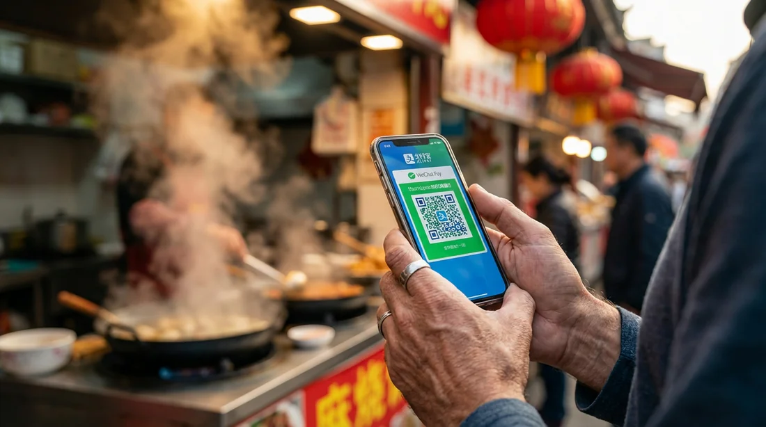Paiement par smartphone via QR code sur un marché en Chine.