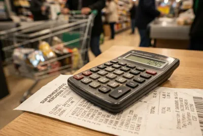 Calculatrice posée sur un ticket de caisse espagnol pour illustrer les économies en supermarché.