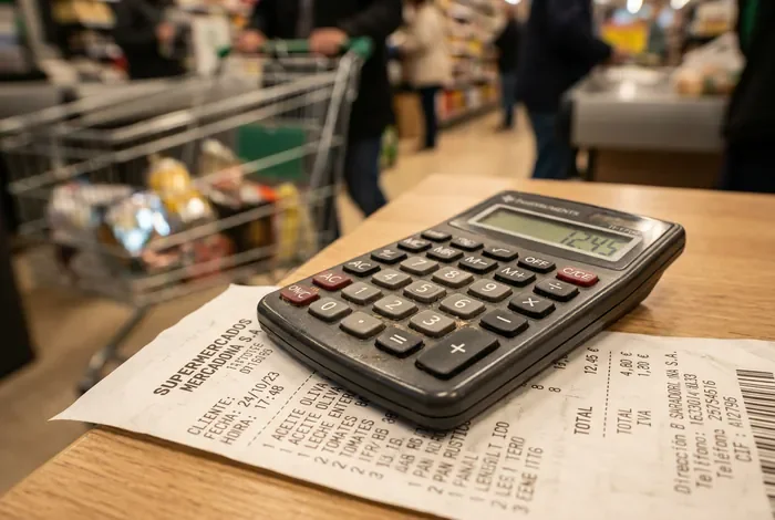 Jonquera ou Perthus : où acheter moins cher ? 2026 - Le Perthus ou La Jonquera ? Le comparatif ultime - Jonquera ou Perthus moins cher ? Voici le vainqueur Calculatrice posée sur un ticket de caisse espagnol pour illustrer les économies en supermarché.