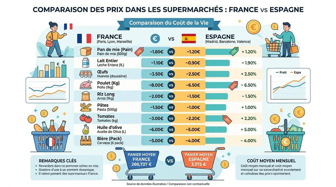 Comparaison des prix des courses en France et en Espagne Infographie comparant le coût moyen des courses alimentaires entre la France et l'Espagne.