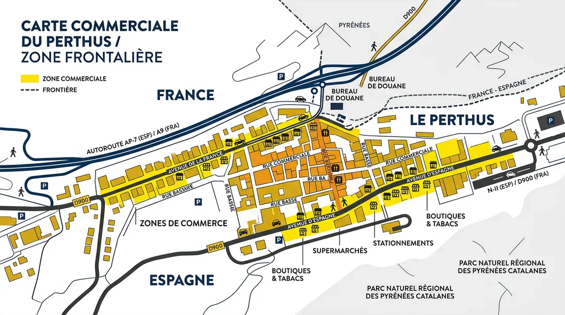 Plan d'accès des zones de shopping au Perthus Plan schématique des zones commerciales situées au Perthus.
