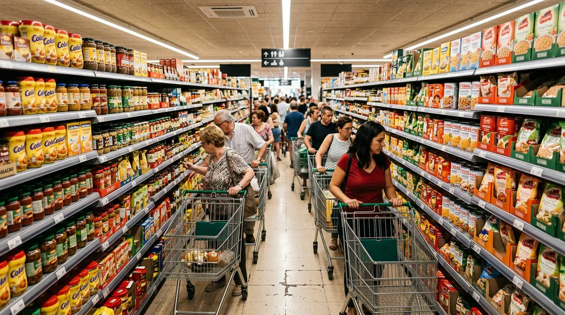 Sélection de produits dans un supermarché espagnol Rayons bien garnis d'un supermarché en Espagne lors d'une session de shopping transfrontalier.