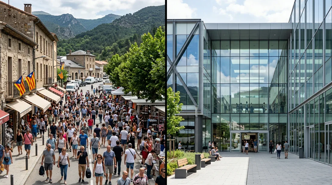 Comparatif shopping : Le Perthus et Gran Jonquera Vue scindée entre la rue commerçante traditionnelle du Perthus et le centre commercial moderne Gran Jonquera.