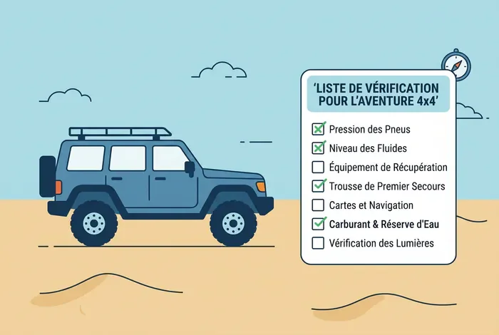 Ksar Ghilane danger : Le guide de sécurité 2026 - Ksar Ghilane : est-ce vraiment dangereux ? Guide survie - Ksar Ghilane danger ? Conseils pour un voyage sans risque Infographie checklist pour préparation de voyage en 4x4