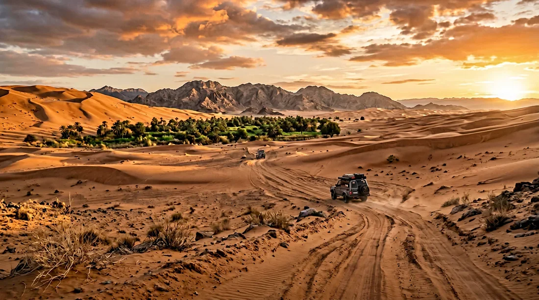 Piste de sable dans le désert menant vers une oasis avec un 4x4