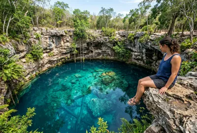 Touriste admirant la clarté de l'eau au bord de l'œil du dragon