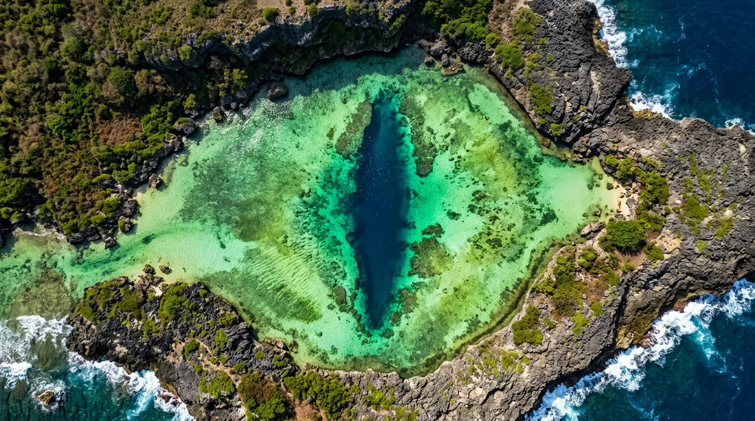 Vue aérienne spectaculaire de l'œil du dragon, gouffre naturel à l'eau bleu saphir et vert émeraude