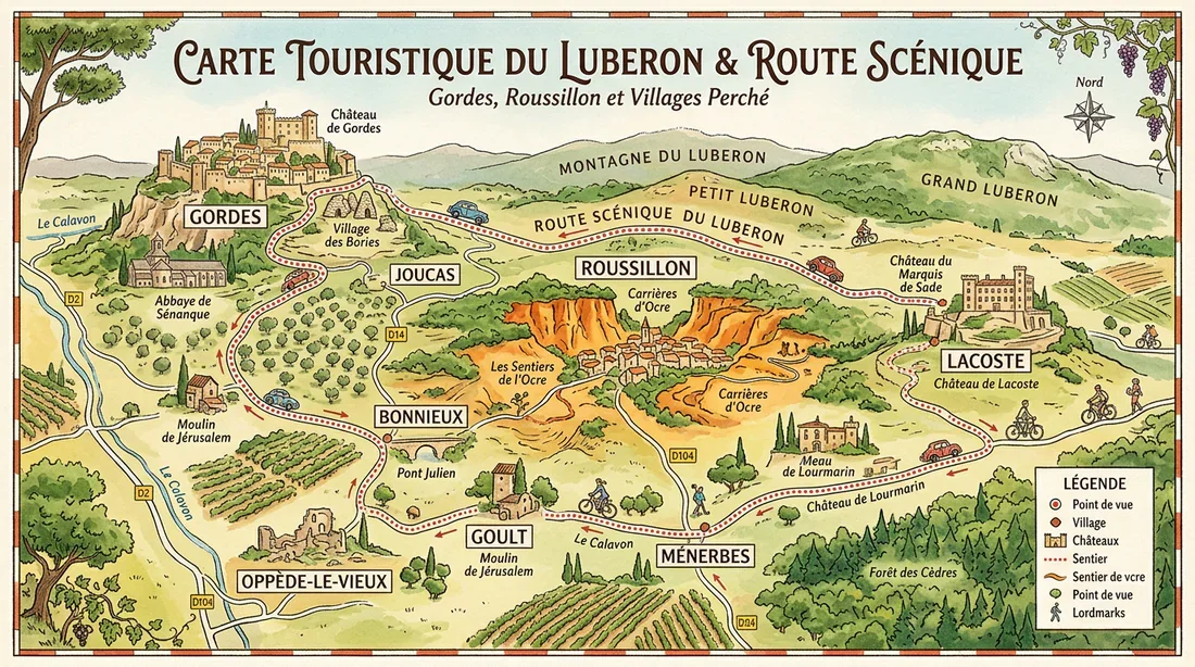 Carte de l'itinéraire autour de Gordes dans le Luberon Carte illustrée de la route des villages perchés du Luberon