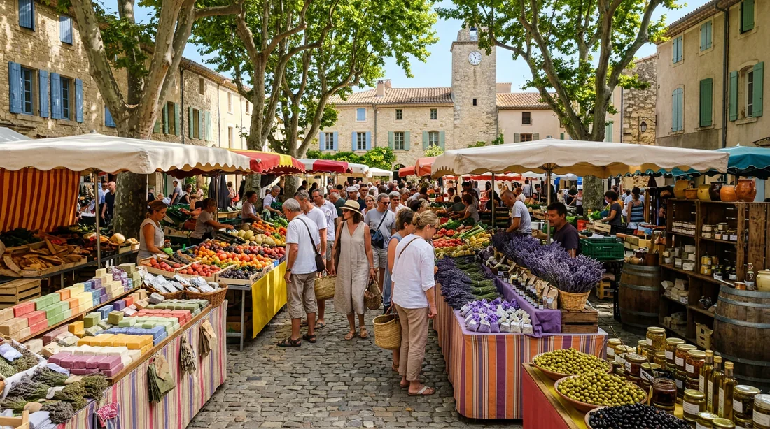 Marché traditionnel de Gordes Stands colorés du marché provençal traditionnel à Gordes