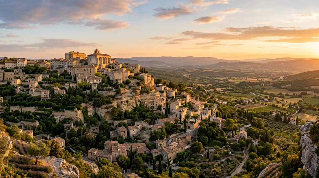 Gordes et la vallée du Luberon au coucher du soleil Vue panoramique spectaculaire du village de Gordes au coucher du soleil dans le Luberon