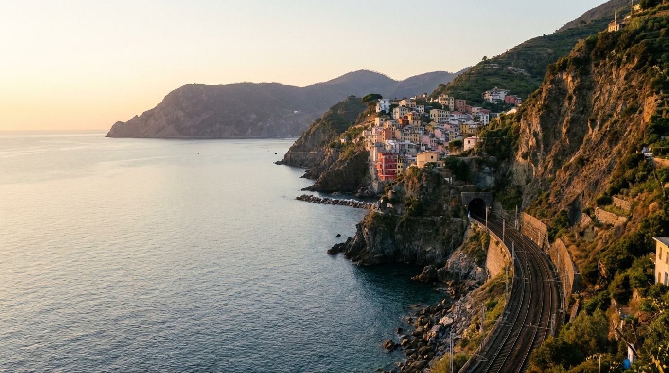 Vue panoramique des villages colorés des Cinque Terre au coucher du soleil