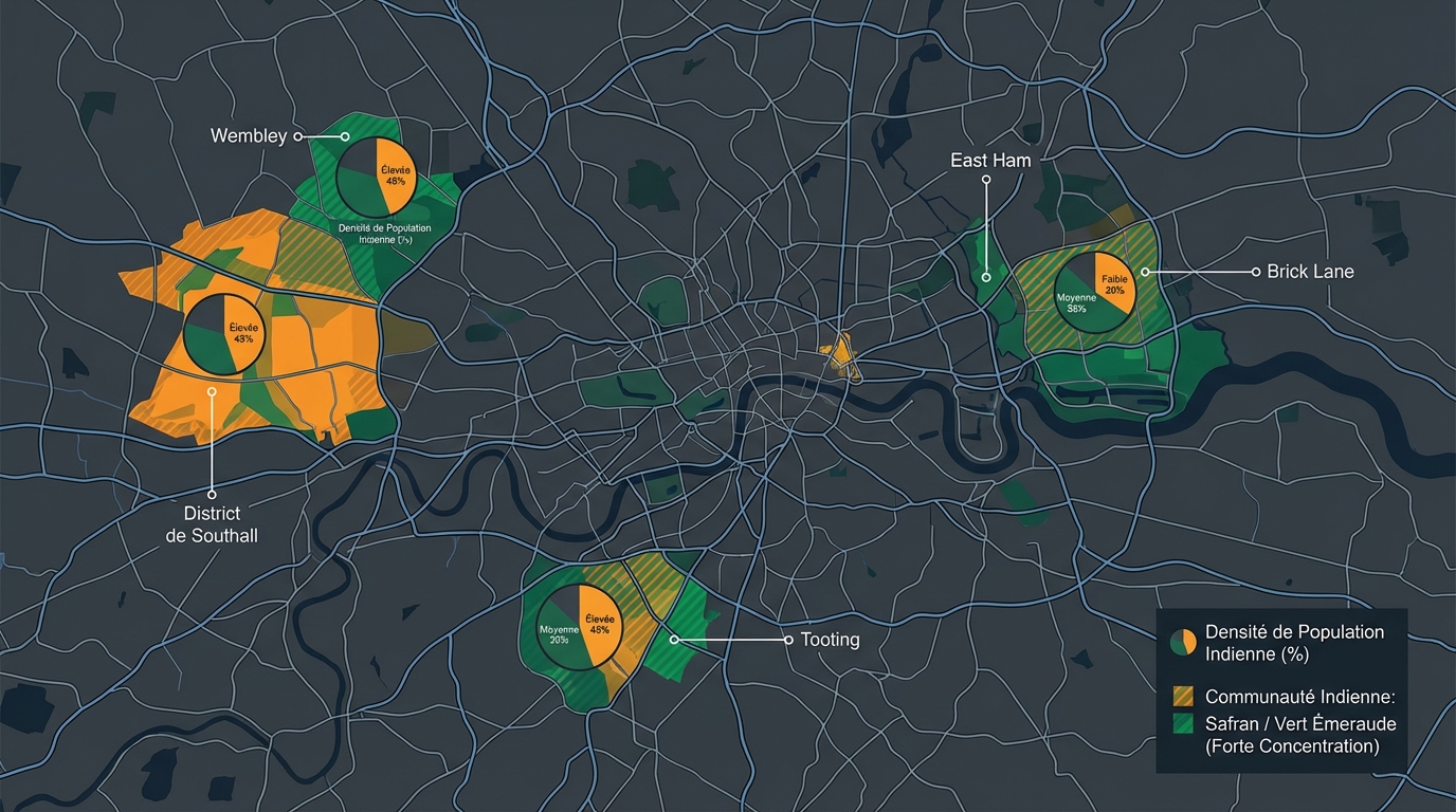 Carte technique de la répartition démographique de la communauté indienne à Londres.
